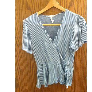 Caution to the Wind Blue White Striped Wrap Peplum Top Women's L Short Sleeve